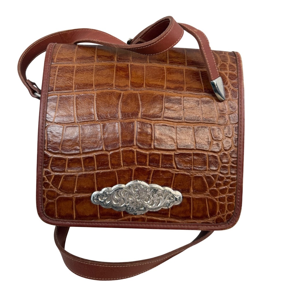 Zippi VTG Leather Croc Embossed Crossbody Bag Cognac Western Quiet‎ Luxury